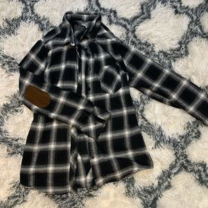 Bohme black & white flannel with brown elbow patches